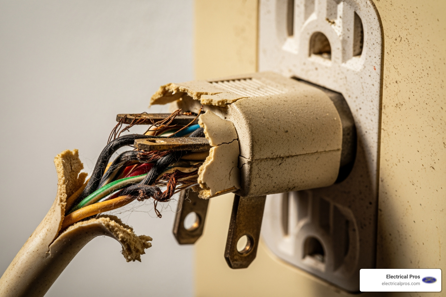 An old, frayed electrical cord plugged into an outlet - home electrical inspections in braselton, ga An old, frayed electrical cord plugged into an outlet - home electrical inspections in braselton, ga