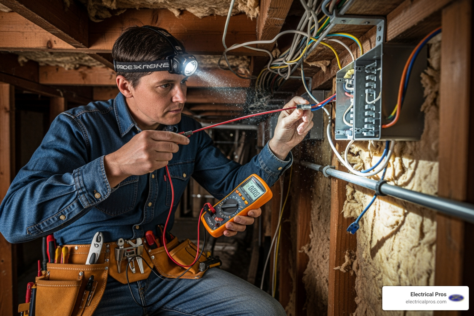 electrician examining wiring in an attic or crawlspace - home electrical inspections in jefferson, ga electrician examining wiring in an attic or crawlspace - home electrical inspections in jefferson, ga