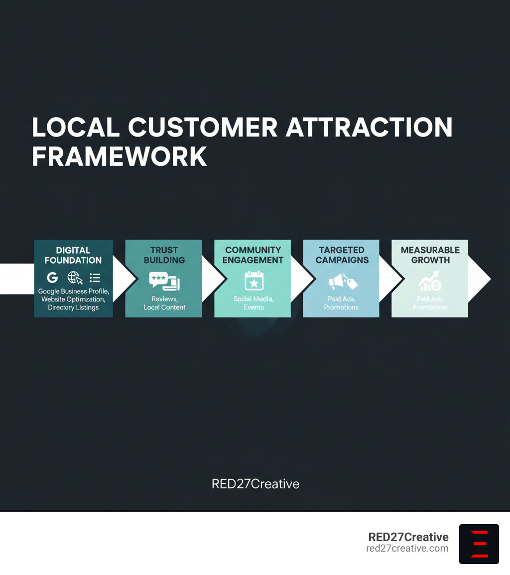Infographic showing the complete local customer attraction framework: Digital Foundation (Google Business Profile, Website Optimization, Directory Listings) → Trust Building (Reviews, Local Content) → Community Engagement (Social Media, Events) → Targeted Campaigns (Paid Ads, Promotions) → Measurable Growth - Attract local customers infographic Infographic showing the complete local customer attraction framework: Digital Foundation (Google Business Profile, Website Optimization, Directory Listings) → Trust Building (Reviews, Local Content) → Community Engagement (Social Media, Events) → Targeted Campaigns (Paid Ads, Promotions) → Measurable Growth - Attract local customers infographic