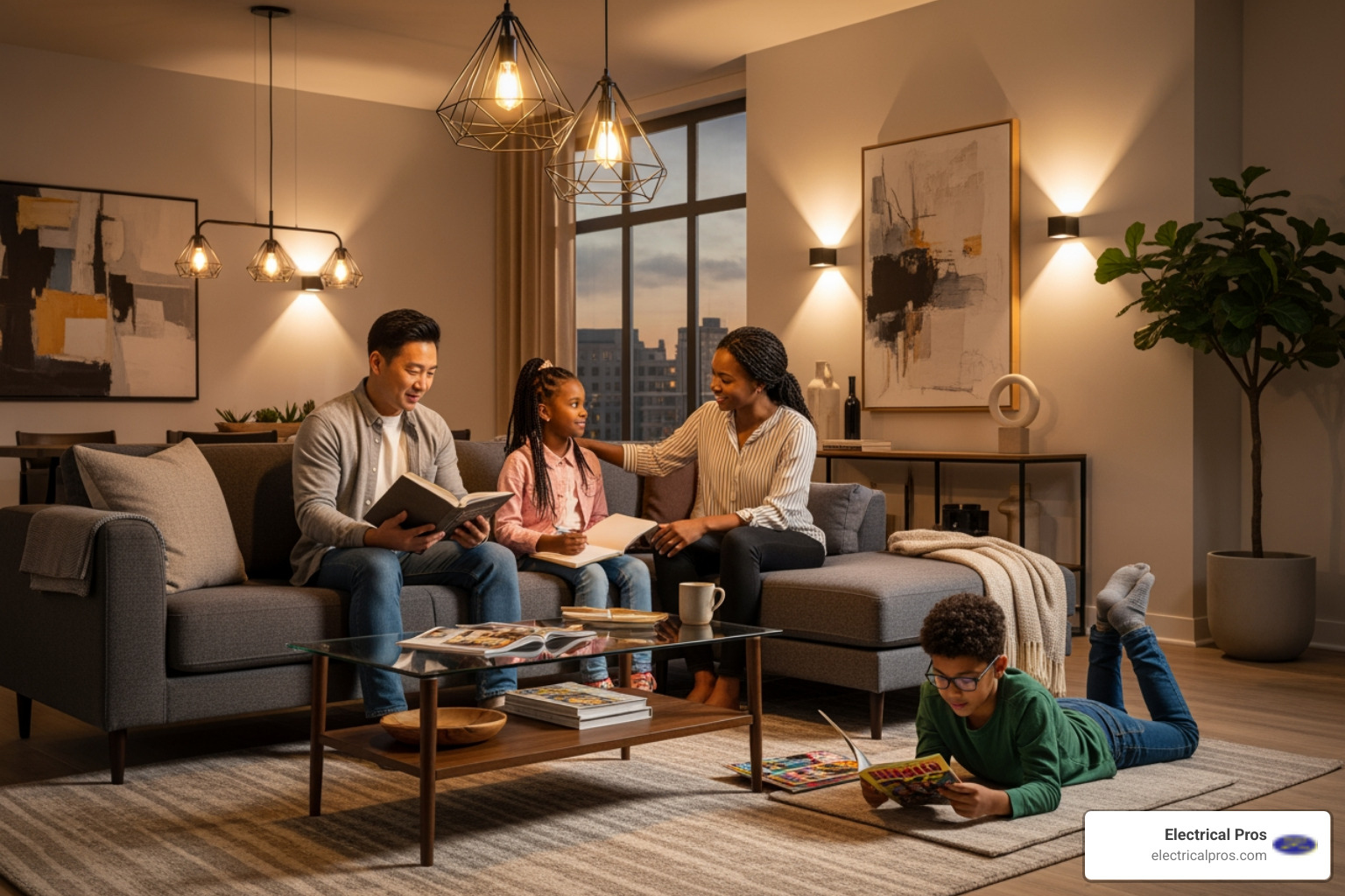 A family enjoying their living room with safe, modern lighting - home electrical inspections in braselton, ga A family enjoying their living room with safe, modern lighting - home electrical inspections in braselton, ga