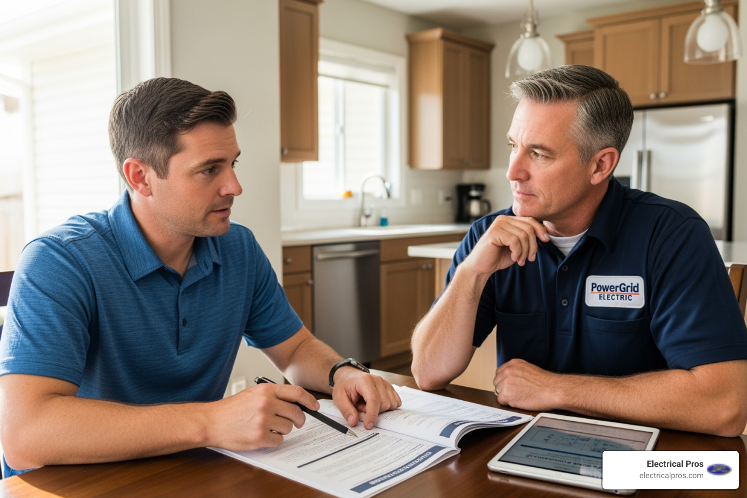 homeowner reviewing an inspection report with an electrician - home electrical inspections in dacula, ga