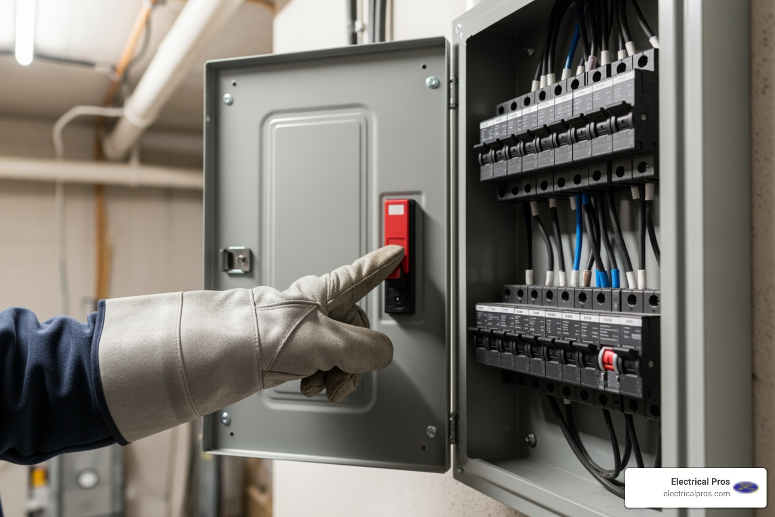 person safely turning off a main breaker panel with a gloved hand - 24 hour electrical troubleshooting and repairs in oakwood, ga person safely turning off a main breaker panel with a gloved hand - 24 hour electrical troubleshooting and repairs in oakwood, ga