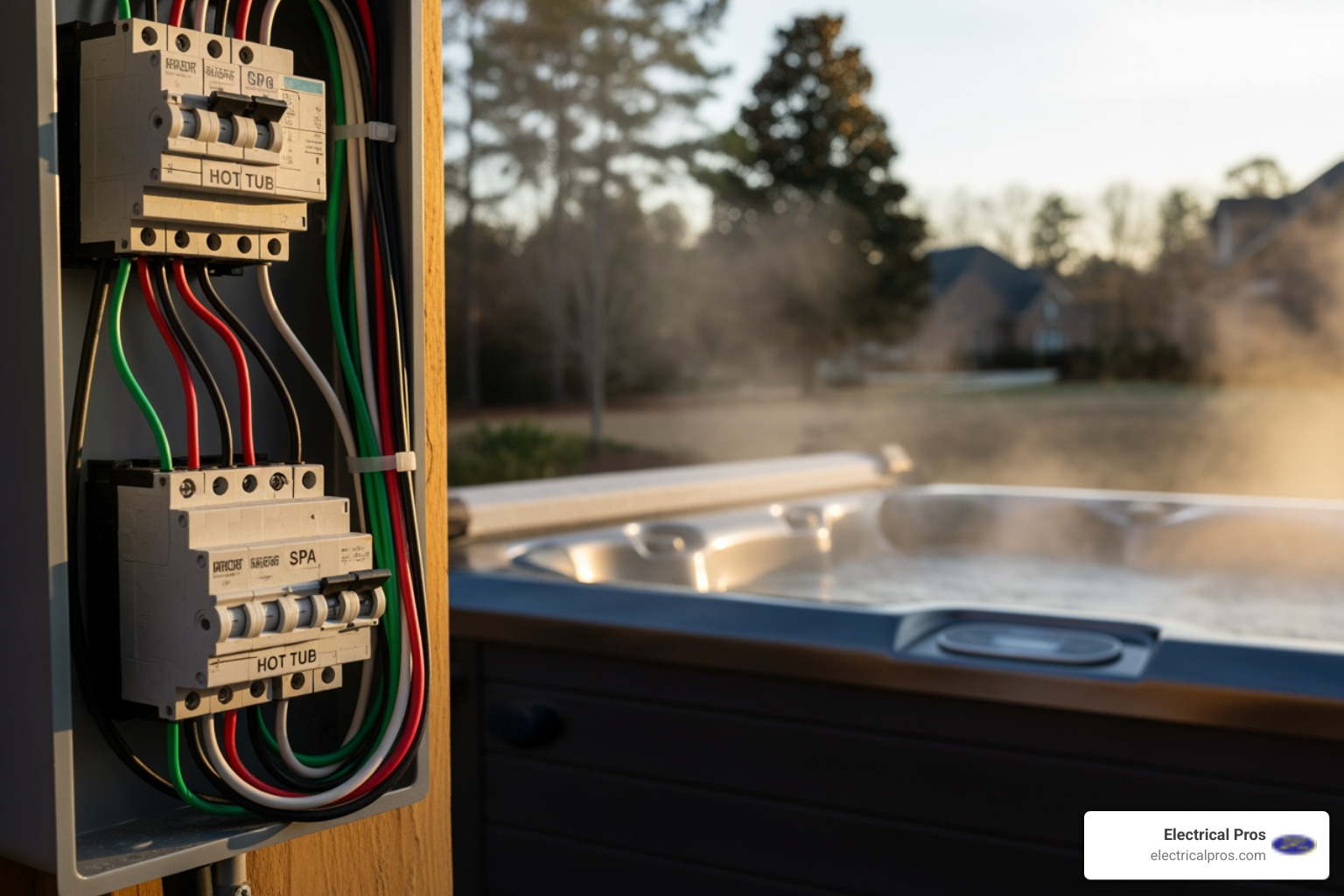 Infographic showing the path of electrical power from a home's main panel through a GFCI breaker and disconnect switch to a hot tub, with labels for 240V dedicated circuit, 50-amp breaker, outdoor-rated conduit, weatherproof disconnect box within sight of spa, and GFCI protection requirement - hot tub and spa circuits in auburn, ga Infographic showing the path of electrical power from a home's main panel through a GFCI breaker and disconnect switch to a hot tub, with labels for 240V dedicated circuit, 50-amp breaker, outdoor-rated conduit, weatherproof disconnect box within sight of spa, and GFCI protection requirement - hot tub and spa circuits in auburn, ga