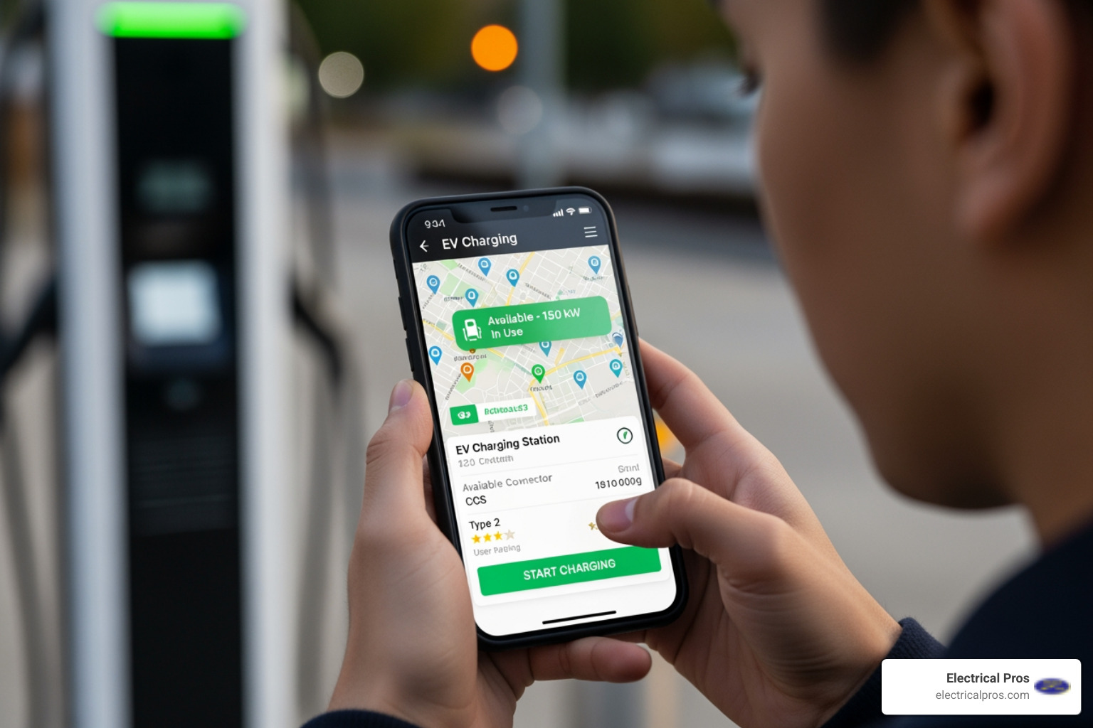 person using a smartphone with a charging app - affordable ev charging stations in winder, ga