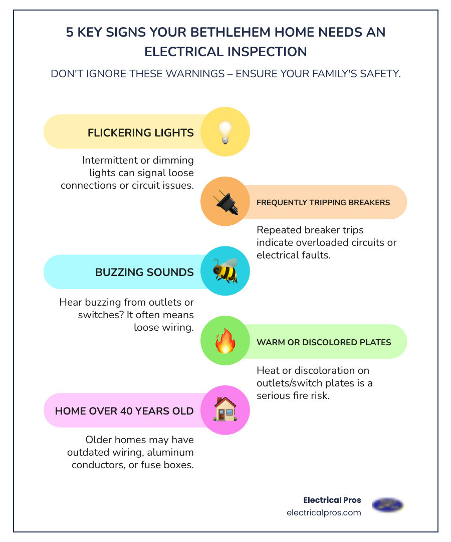 infographic showing top 5 warning signs that indicate need for electrical inspection: flickering lights, frequently tripping breakers, buzzing outlets, warm switch plates, and homes over 40 years old - home electrical inspections in bethlehem, ga infographic infographic-line-5-steps-colors infographic showing top 5 warning signs that indicate need for electrical inspection: flickering lights, frequently tripping breakers, buzzing outlets, warm switch plates, and homes over 40 years old - home electrical inspections in bethlehem, ga infographic infographic-line-5-steps-colors