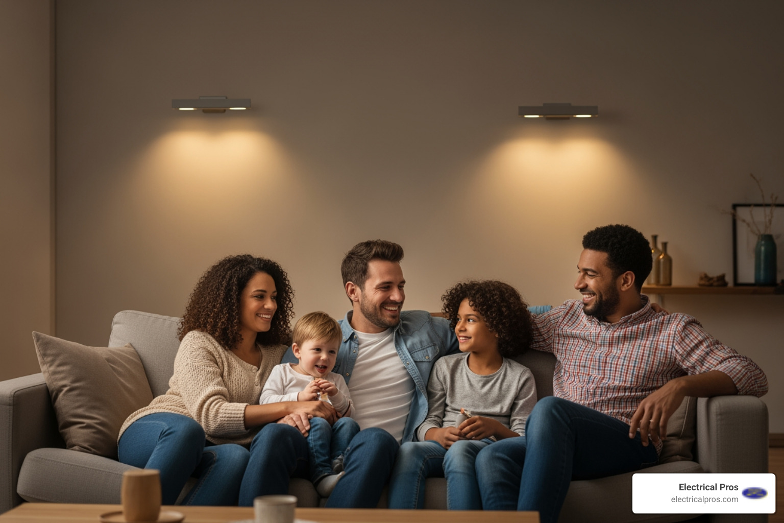 family enjoying living room with safe and modern lighting - home electrical inspections in bethlehem, ga family enjoying living room with safe and modern lighting - home electrical inspections in bethlehem, ga