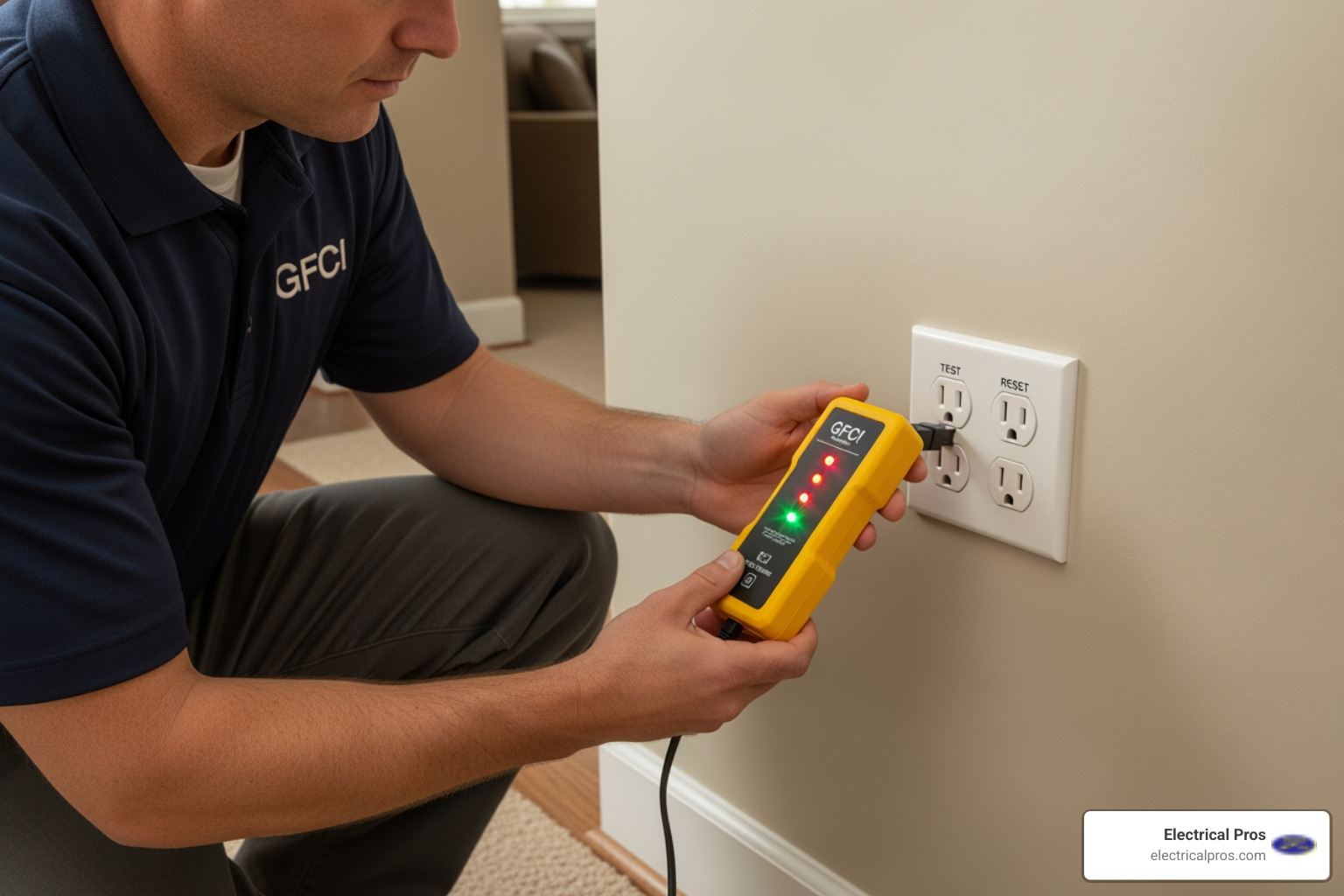 electrician testing a GFCI outlet with a plug-in tester - home electrical inspections in bethlehem, ga electrician testing a GFCI outlet with a plug-in tester - home electrical inspections in bethlehem, ga