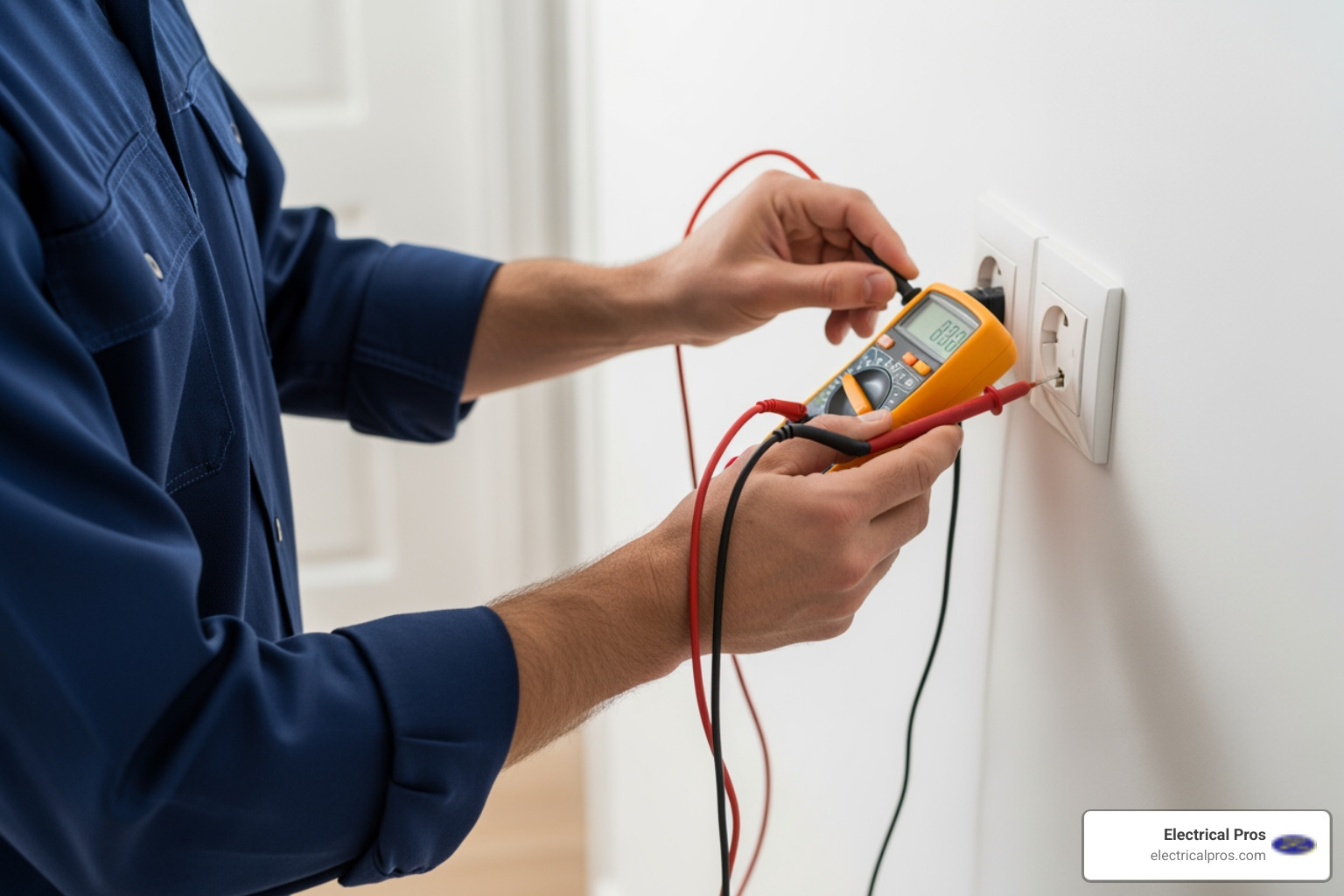 An electrician testing an outlet with a multimeter. - home electrical inspections in buford, ga An electrician testing an outlet with a multimeter. - home electrical inspections in buford, ga