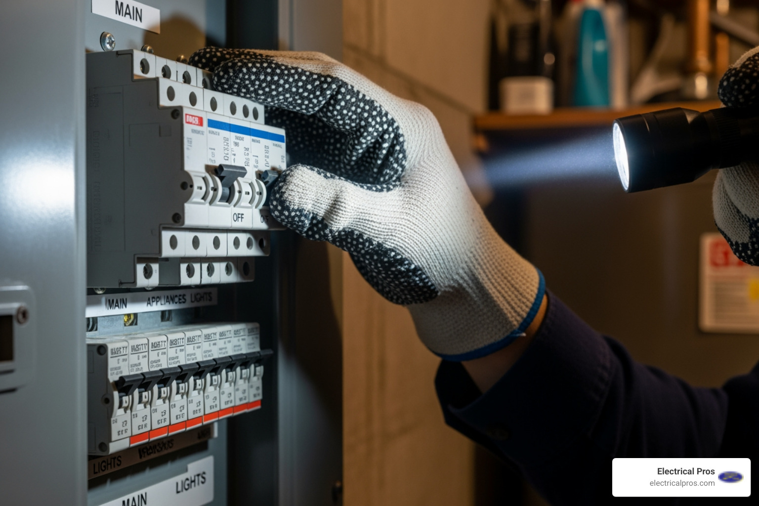 a person safely switching off a main circuit breaker panel with a flashlight - 24 hour electrical troubleshooting and repairs in sugar hill, ga a person safely switching off a main circuit breaker panel with a flashlight - 24 hour electrical troubleshooting and repairs in sugar hill, ga