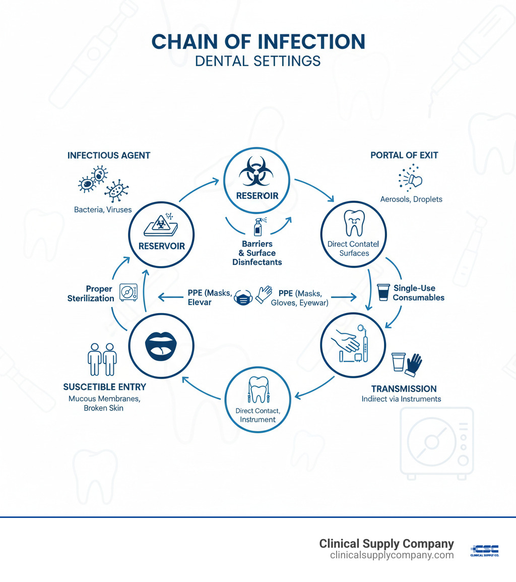 Infographic showing the Chain of Infection in dental settings with six interconnected circular nodes: Infectious Agent (bacteria, viruses), Reservoir (saliva, blood, contaminated surfaces), Portal of Exit (aerosols, droplets), Transmission (direct contact, indirect via instruments), Portal of Entry (mucous membranes, broken skin), and Susceptible Host (patients, DHCP). Arrows indicate where CSC supplies intervene: PPE blocks transmission and portals of entry, barriers and surface disinfectants eliminate reservoirs, proper sterilization destroys infectious agents, and single-use consumables prevent indirect transmission. Clean, professional design with subtle dental imagery. - infection control dental infographic 