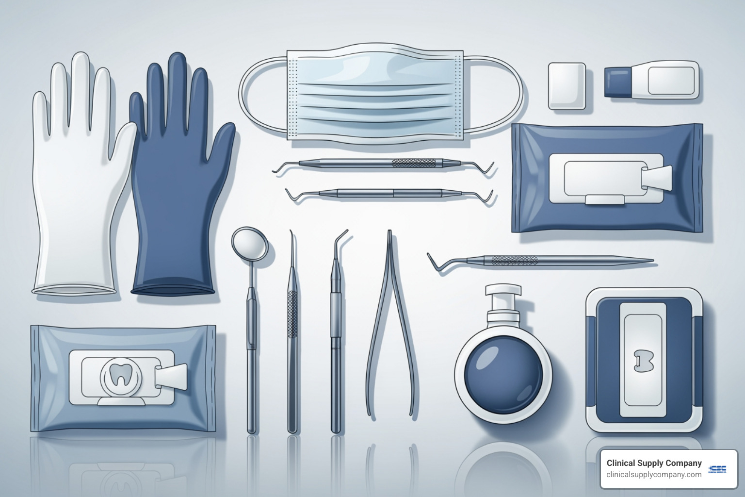 Abstract illustration of dental supplies arranged neatly and cleanly, symbolizing order and hygiene. Includes elements like gloves, masks, wipes, and dental instruments, all in a luxurious, minimalistic style. - infection control dental