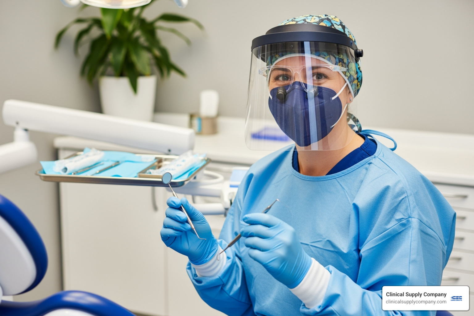 Dental professional wearing full PPE, including nitrile gloves, a level 3 face mask, and a protective gown, sourced from Clinical Supply Company. - infection control dental