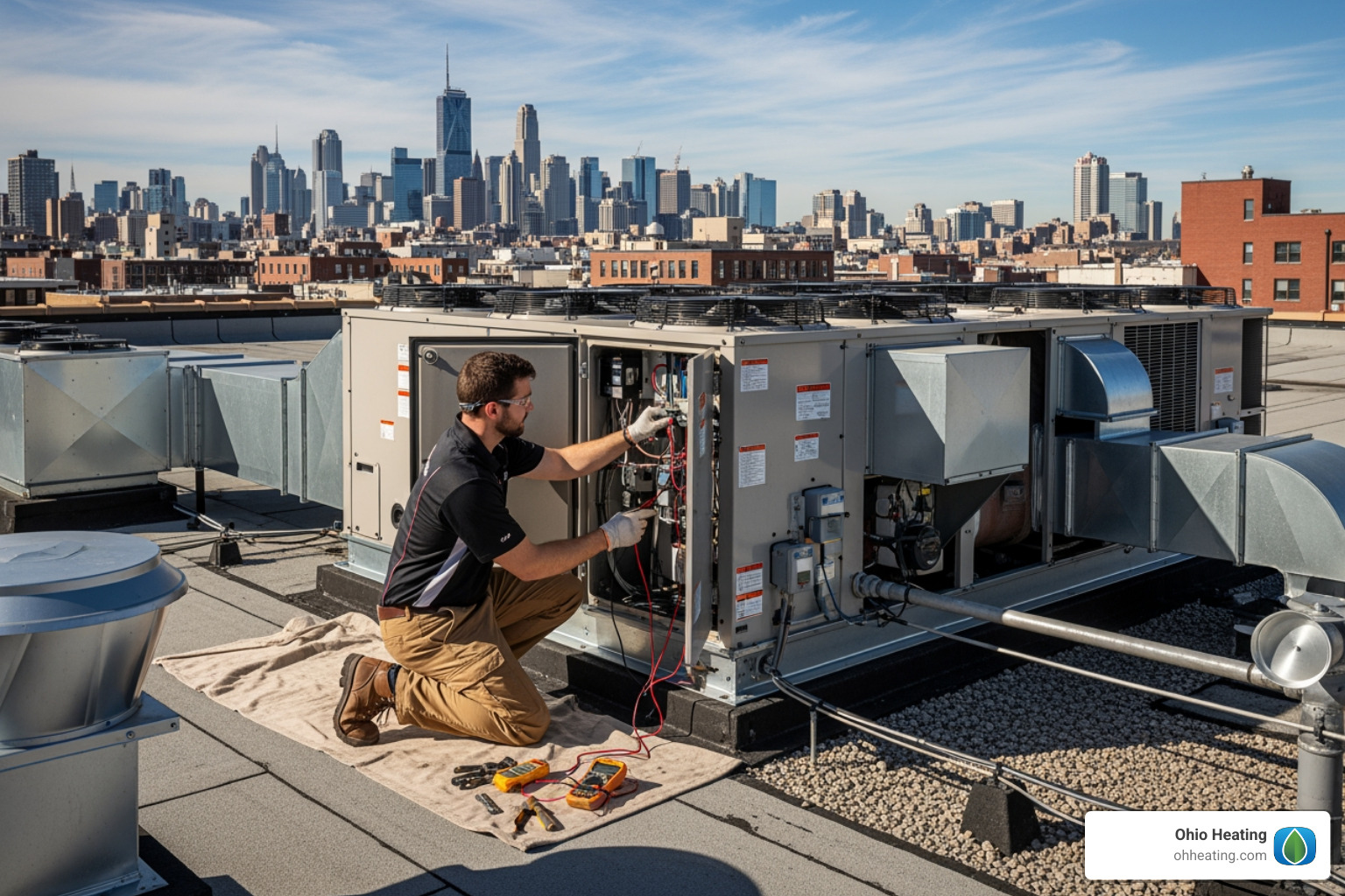 technician performing maintenance on a commercial rooftop unit - HVAC for large buildings