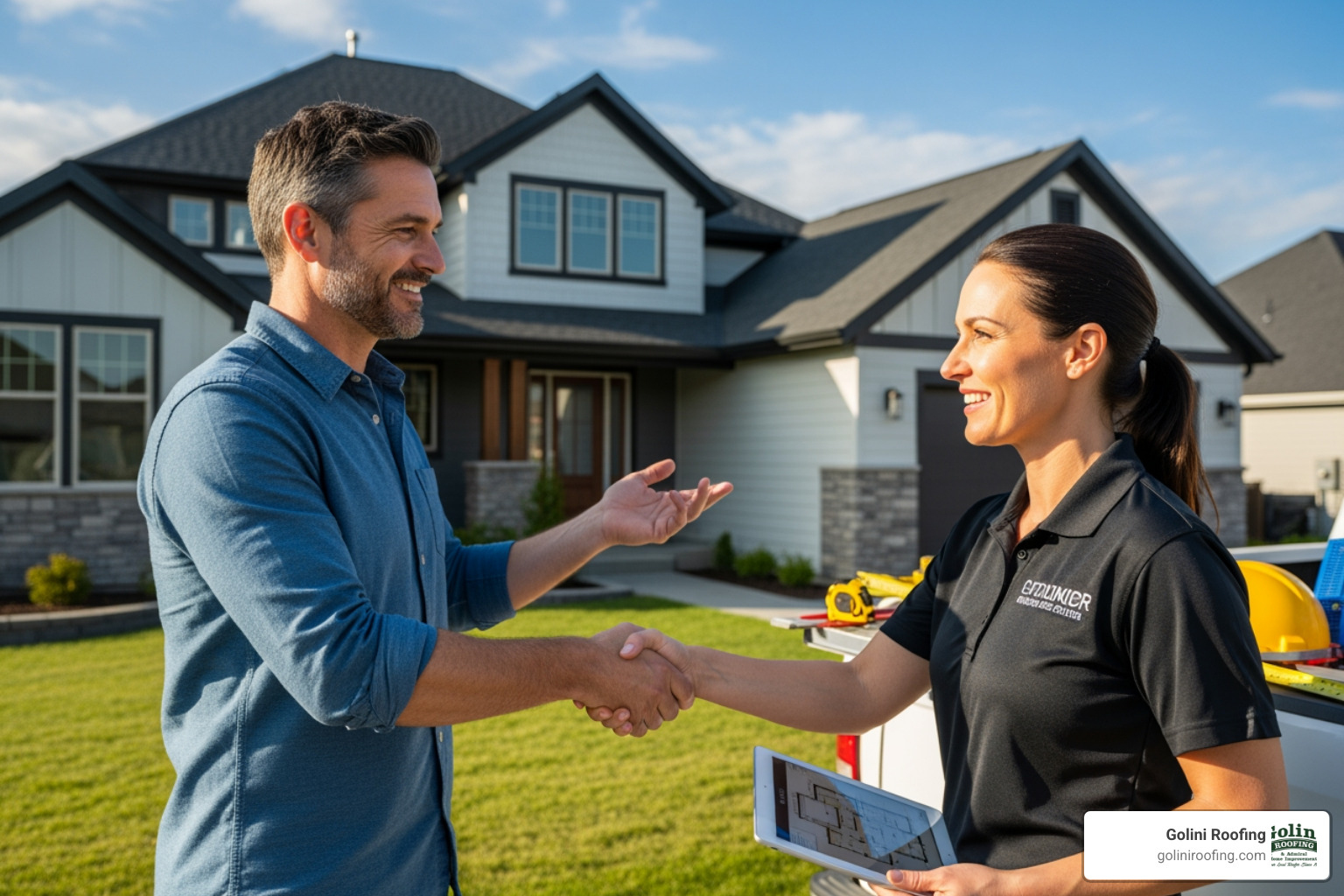 homeowner shaking hands with a professional contractor - attic insulation installer near me homeowner shaking hands with a professional contractor - attic insulation installer near me
