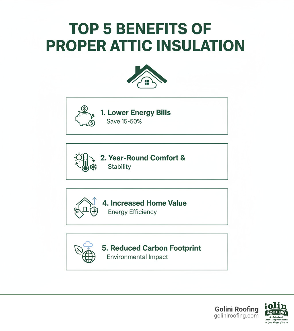 Infographic showing the top 5 benefits of proper attic insulation: 1) Lower energy bills by 15-50%, 2) Year-round temperature comfort and stability, 3) Ice dam prevention protecting your roof from water damage, 4) Increased home resale value through energy efficiency, 5) Reduced carbon footprint and environmental impact - attic insulation installer near me infographic Infographic showing the top 5 benefits of proper attic insulation: 1) Lower energy bills by 15-50%, 2) Year-round temperature comfort and stability, 3) Ice dam prevention protecting your roof from water damage, 4) Increased home resale value through energy efficiency, 5) Reduced carbon footprint and environmental impact - attic insulation installer near me infographic