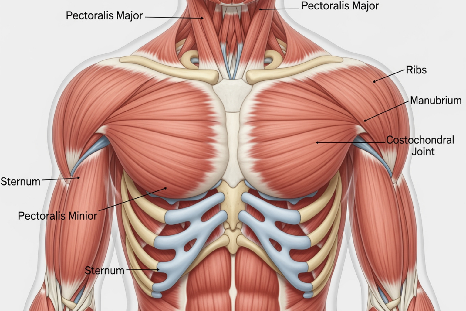illustration of the pectoral muscles and the costochondral joints of the rib cage - chest muscle ache
