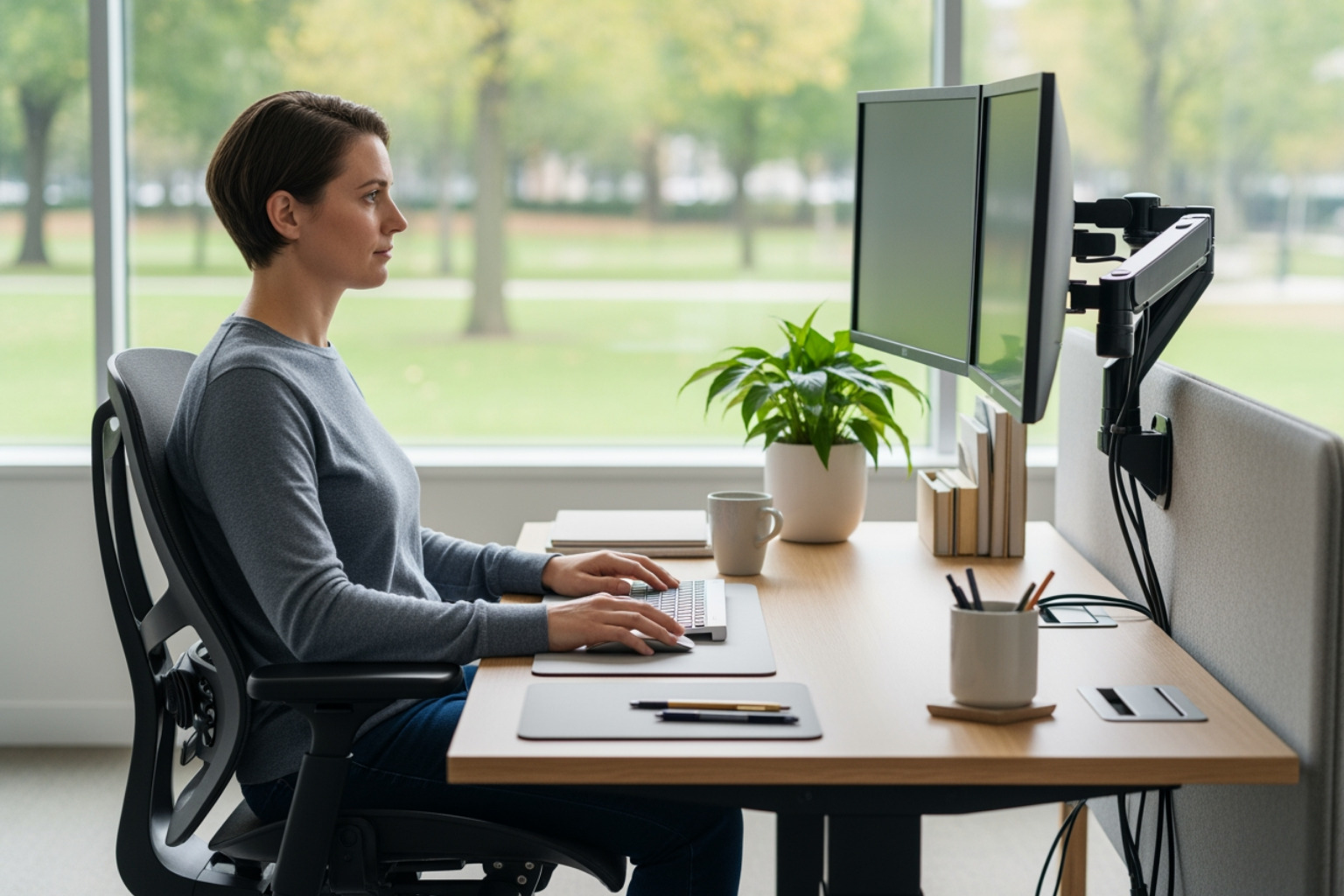 A person sitting comfortably at a well-organized ergonomic workstation, illustrating good posture and a supportive environment - natural remedies for sciatica A person sitting comfortably at a well-organized ergonomic workstation, illustrating good posture and a supportive environment - natural remedies for sciatica