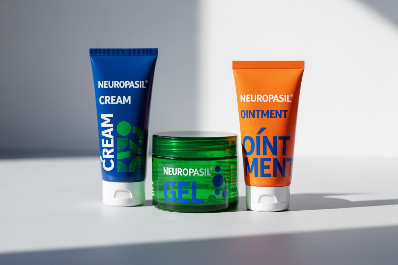 Image of three Neuropasil product tubes labeled Cream, Gel, and Ointment - menthol muscle rub