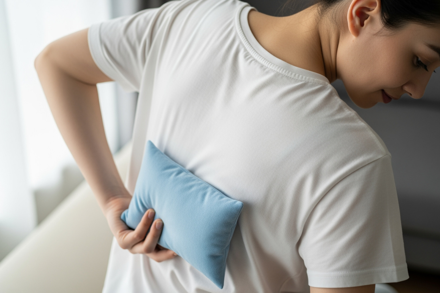 A person gently placing a cold pack wrapped in a soft cloth on their lower back, illustrating targeted pain relief - natural remedies for sciatica A person gently placing a cold pack wrapped in a soft cloth on their lower back, illustrating targeted pain relief - natural remedies for sciatica