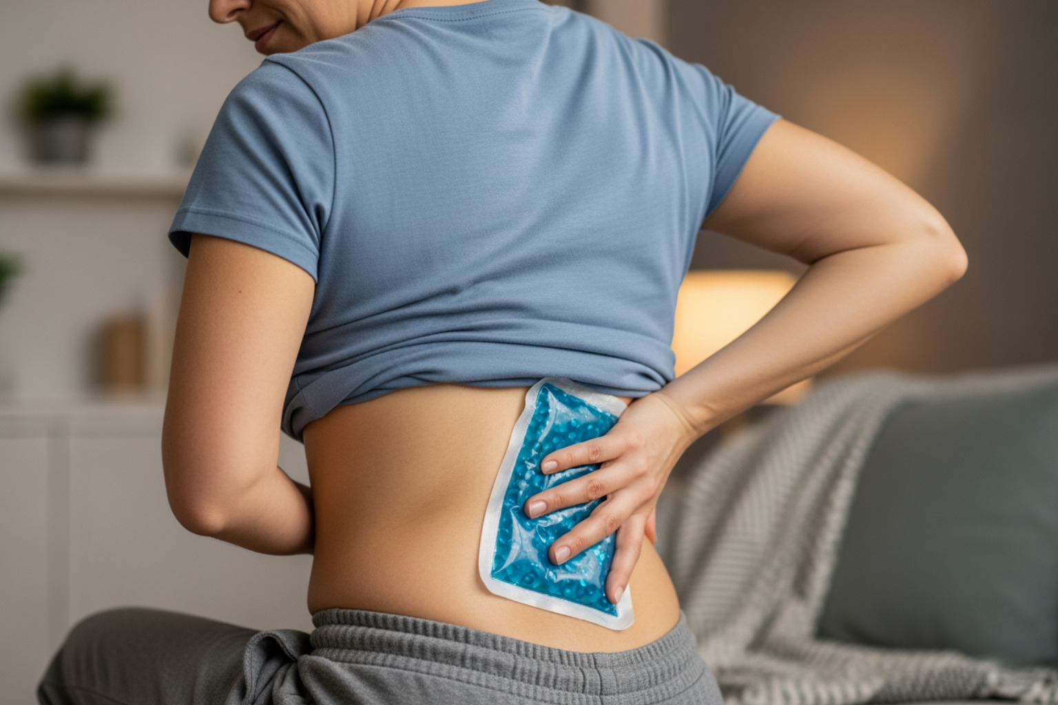 person applying a hot/cold pack to their lower back - back spasm relief person applying a hot/cold pack to their lower back - back spasm relief