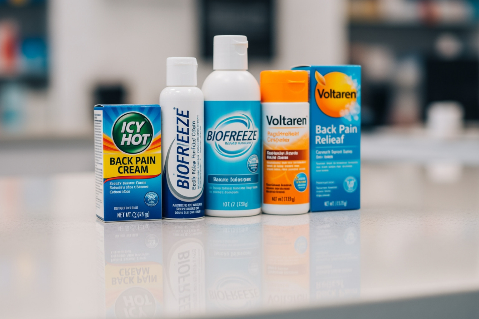 several popular back pain cream products lined up - pain relief cream for back