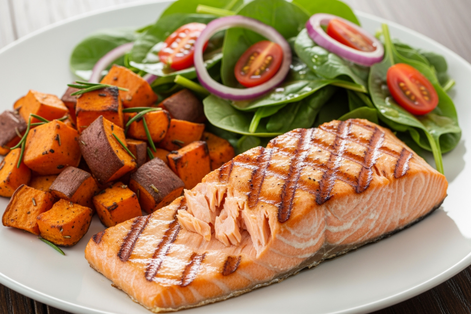 A vibrant plate with grilled salmon, roasted sweet potatoes, and a fresh spinach salad - muscle ache recovery A vibrant plate with grilled salmon, roasted sweet potatoes, and a fresh spinach salad - muscle ache recovery