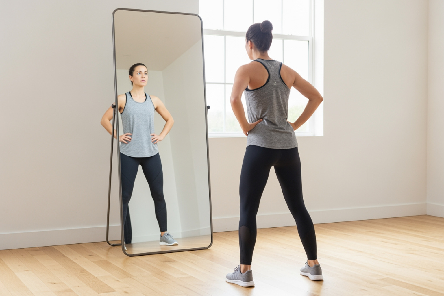 person checking their posture in a mirror - shoulder recovery workout