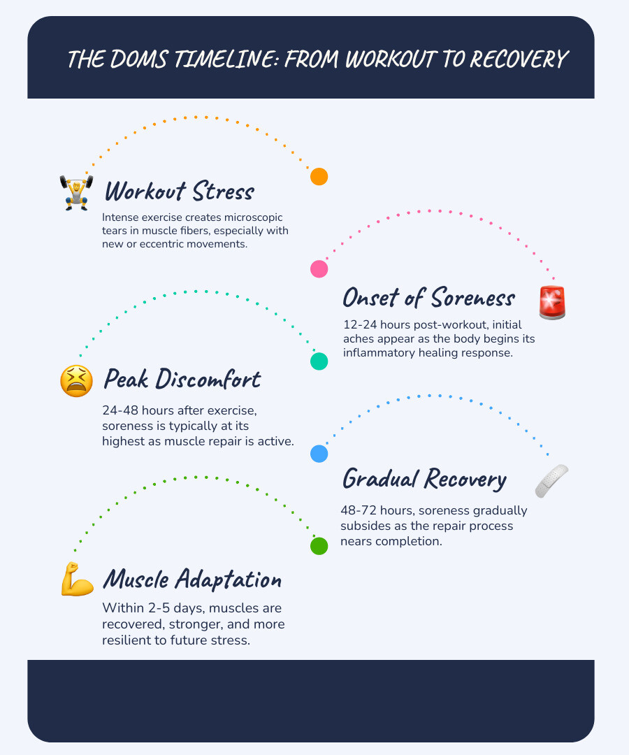 infographic showing DOMS timeline from workout through 72 hours post-exercise, including muscle tear formation, inflammation response, repair process, and recovery stages with peak soreness at 24-48 hours - sore muscles after workout relief infographic infographic-line-5-steps-blues-accent_colors infographic showing DOMS timeline from workout through 72 hours post-exercise, including muscle tear formation, inflammation response, repair process, and recovery stages with peak soreness at 24-48 hours - sore muscles after workout relief infographic infographic-line-5-steps-blues-accent_colors