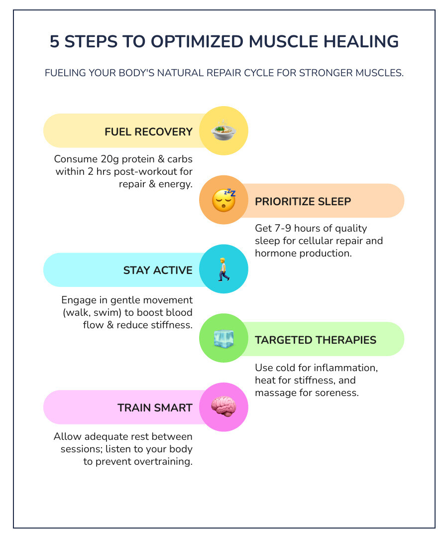 Infographic showing the muscle healing cycle: workout creates micro-tears, inflammation begins within hours, protein synthesis peaks at 24-48 hours, new stronger muscle tissue forms over 3-5 days, with proper nutrition, sleep, and recovery methods accelerating each phase - muscle healing after workout infographic infographic-line-5-steps-colors Infographic showing the muscle healing cycle: workout creates micro-tears, inflammation begins within hours, protein synthesis peaks at 24-48 hours, new stronger muscle tissue forms over 3-5 days, with proper nutrition, sleep, and recovery methods accelerating each phase - muscle healing after workout infographic infographic-line-5-steps-colors