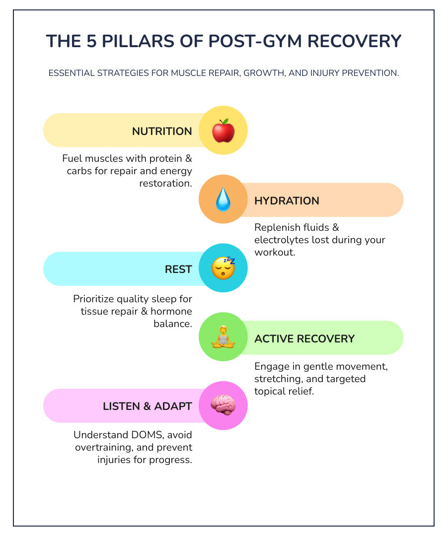 Infographic showing the four key pillars of post gym recovery: Nutrition (protein and carbs), Hydration (water and electrolytes), Rest (quality sleep and rest days), and Active Recovery (stretching, light movement, and topical relief) - post gym recovery infographic infographic-line-5-steps-colors Infographic showing the four key pillars of post gym recovery: Nutrition (protein and carbs), Hydration (water and electrolytes), Rest (quality sleep and rest days), and Active Recovery (stretching, light movement, and topical relief) - post gym recovery infographic infographic-line-5-steps-colors