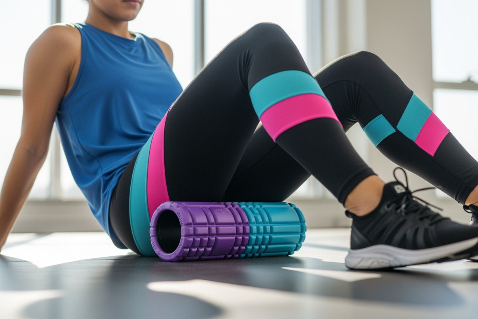 Modern, unique, bold, vibrant colors image of someone using a foam roller on their legs - sore legs recovery Modern, unique, bold, vibrant colors image of someone using a foam roller on their legs - sore legs recovery