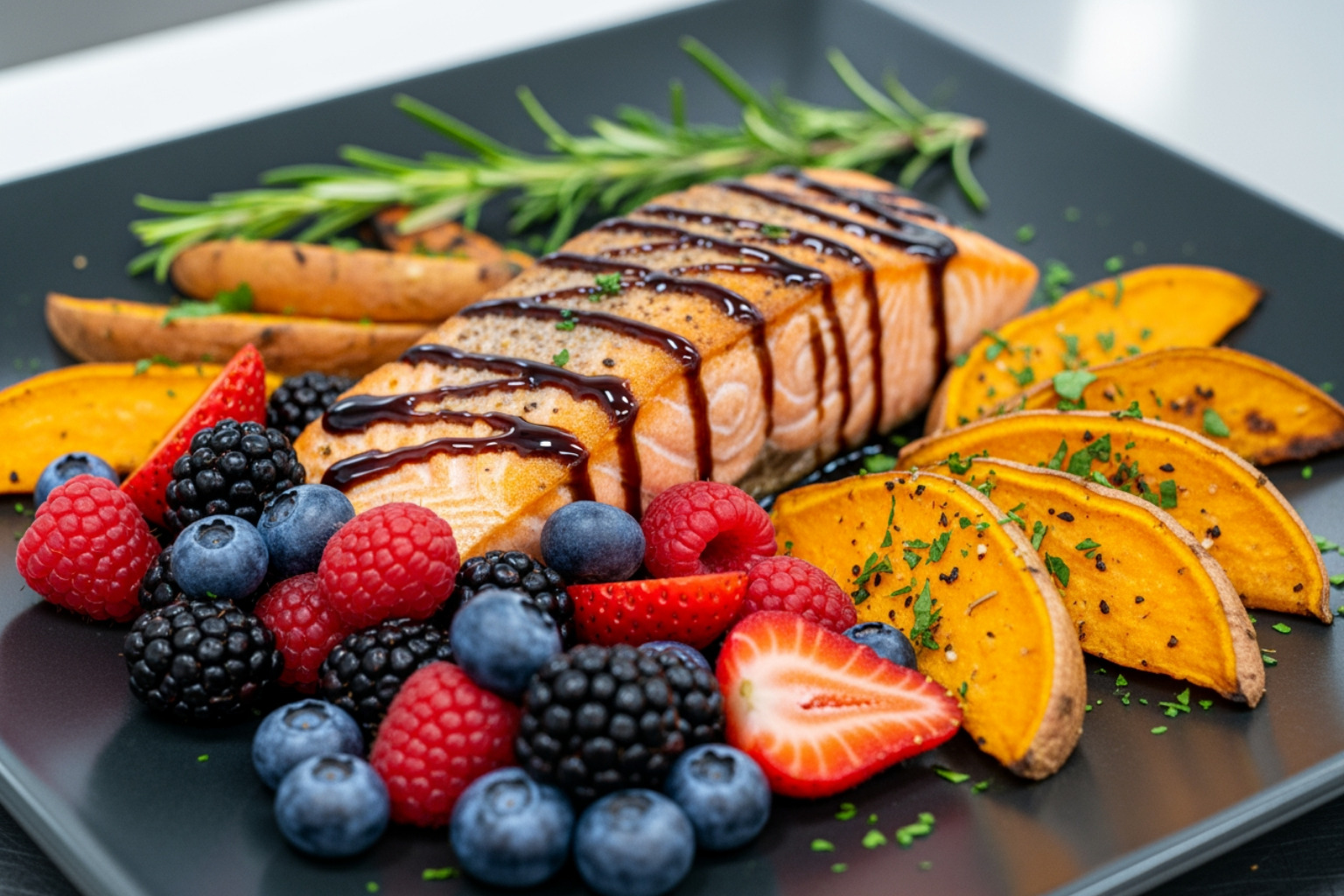 Modern, unique, bold, vibrant colors image of recovery foods like salmon, berries, and sweet potatoes - sore legs recovery Modern, unique, bold, vibrant colors image of recovery foods like salmon, berries, and sweet potatoes - sore legs recovery
