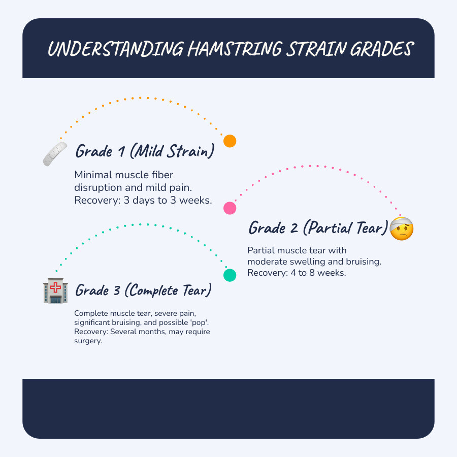 Infographic showing the three grades of hamstring strains: Grade 1 with minimal muscle fiber disruption and mild pain (recovery 3 days to 3 weeks), Grade 2 with partial muscle tear, moderate swelling and bruising (recovery 4-8 weeks), and Grade 3 with complete muscle tear, severe pain, significant bruising and possible popping sound (recovery several months, may require surgery) - hamstring strain recovery infographic infographic-line-3-steps-blues-accent_colors