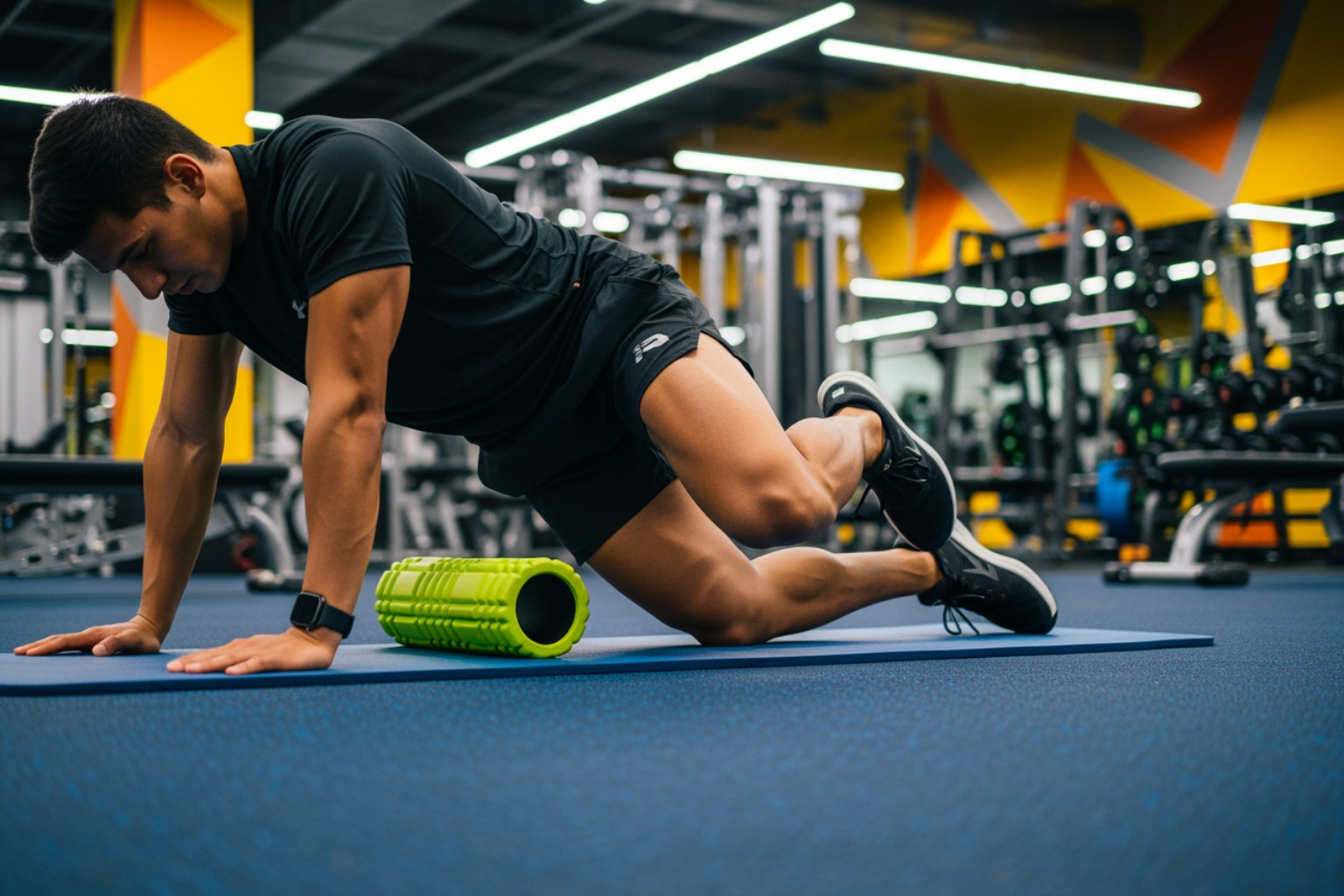 Person using a foam roller on their leg - muscle recovery after gym Person using a foam roller on their leg - muscle recovery after gym