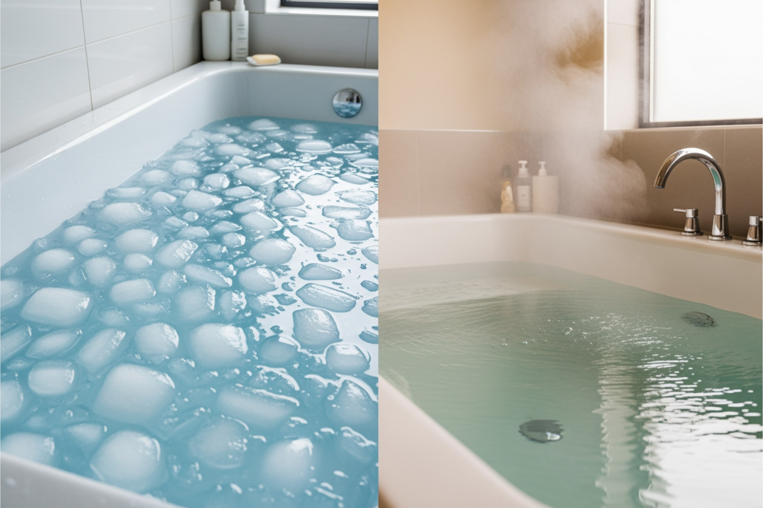 split screen showing an ice bath on one side and a warm bath on the other - doms muscle recovery split screen showing an ice bath on one side and a warm bath on the other - doms muscle recovery