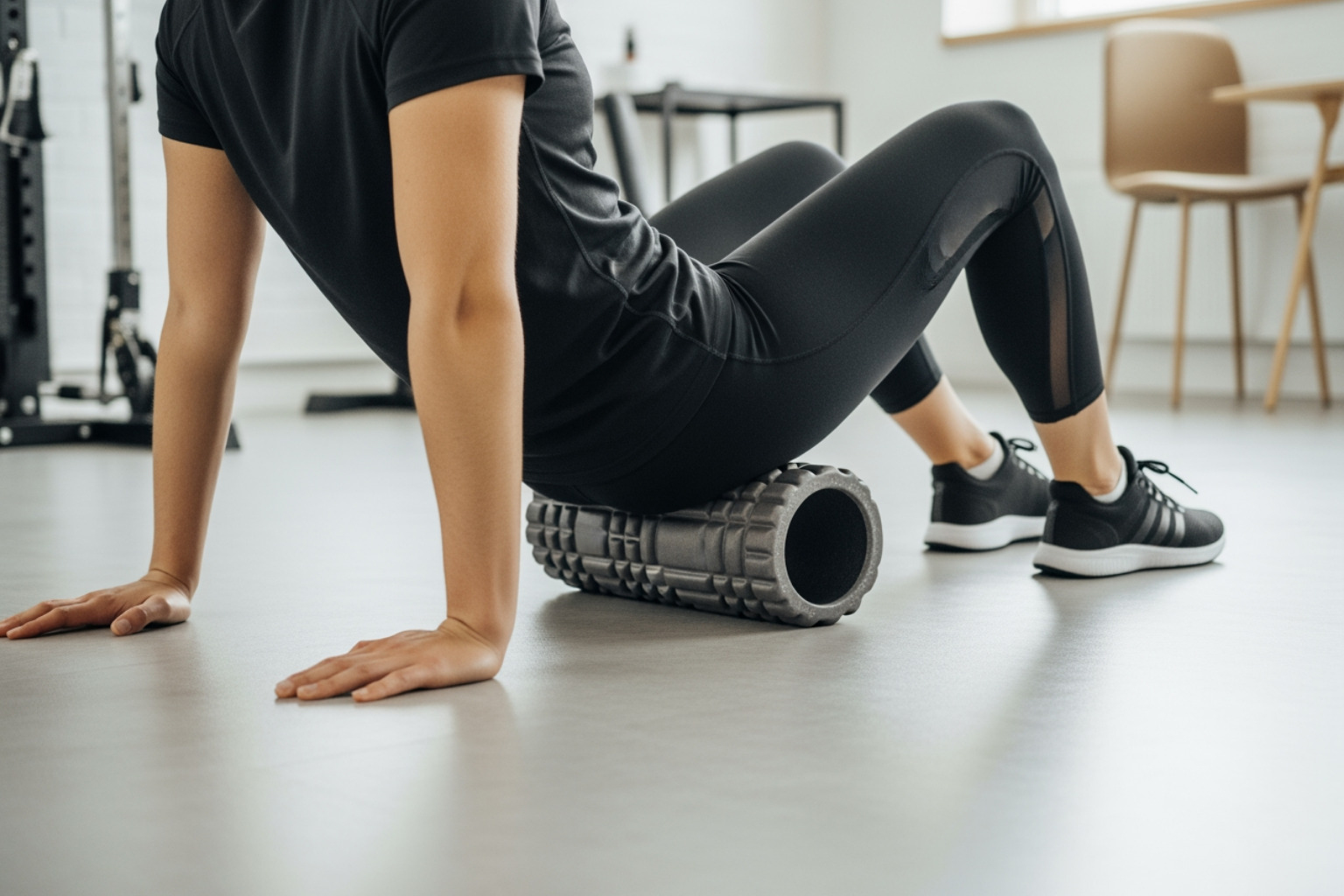 Person using a massage tool or foam roller on their calf - doms soreness recovery