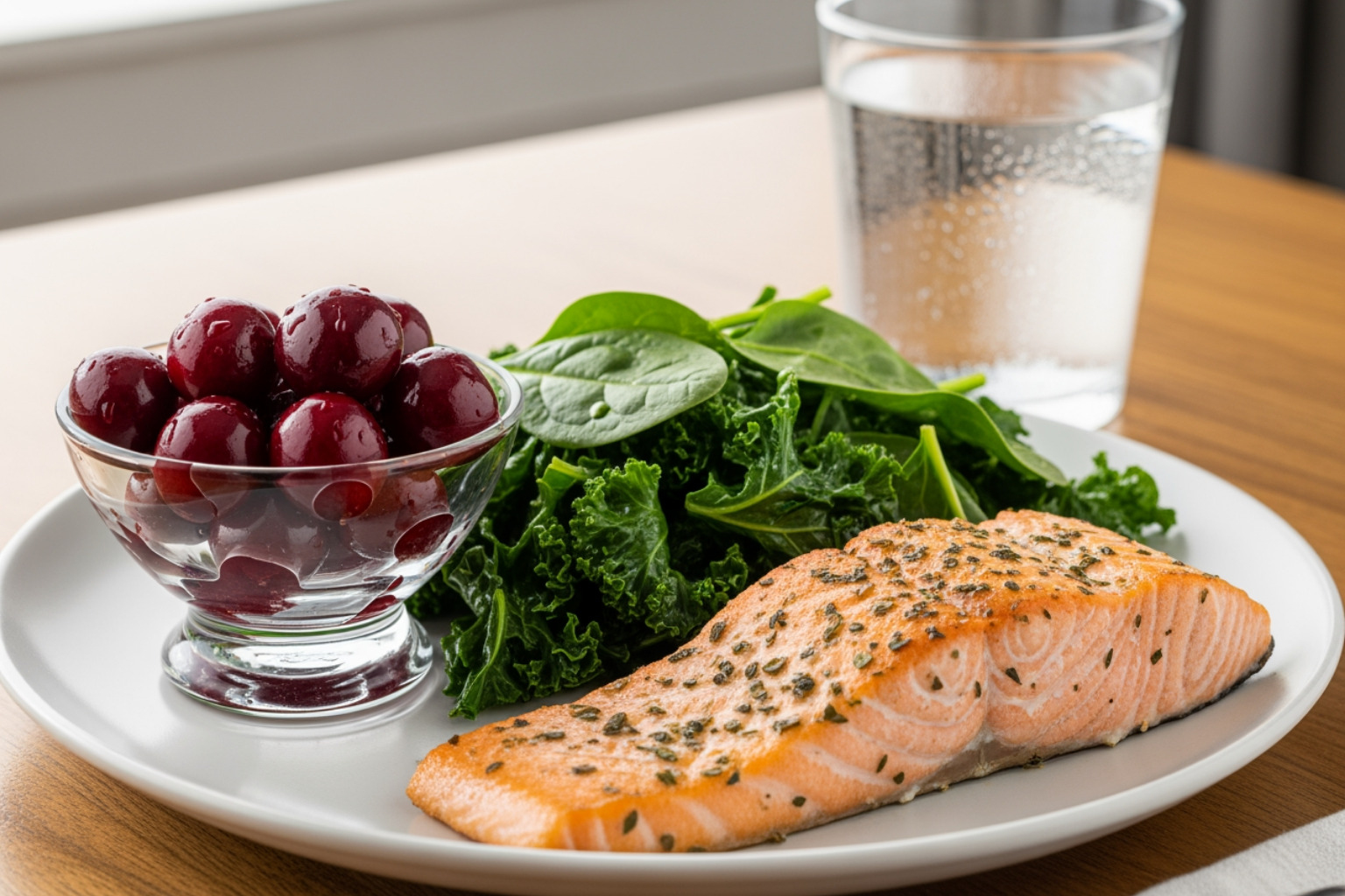 Recovery-focused foods like tart cherries, salmon, leafy greens, and a glass of water - doms soreness recovery