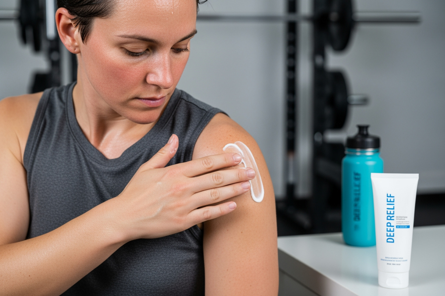 person applying Neuropasil cream to their shoulder - quick muscle recovery