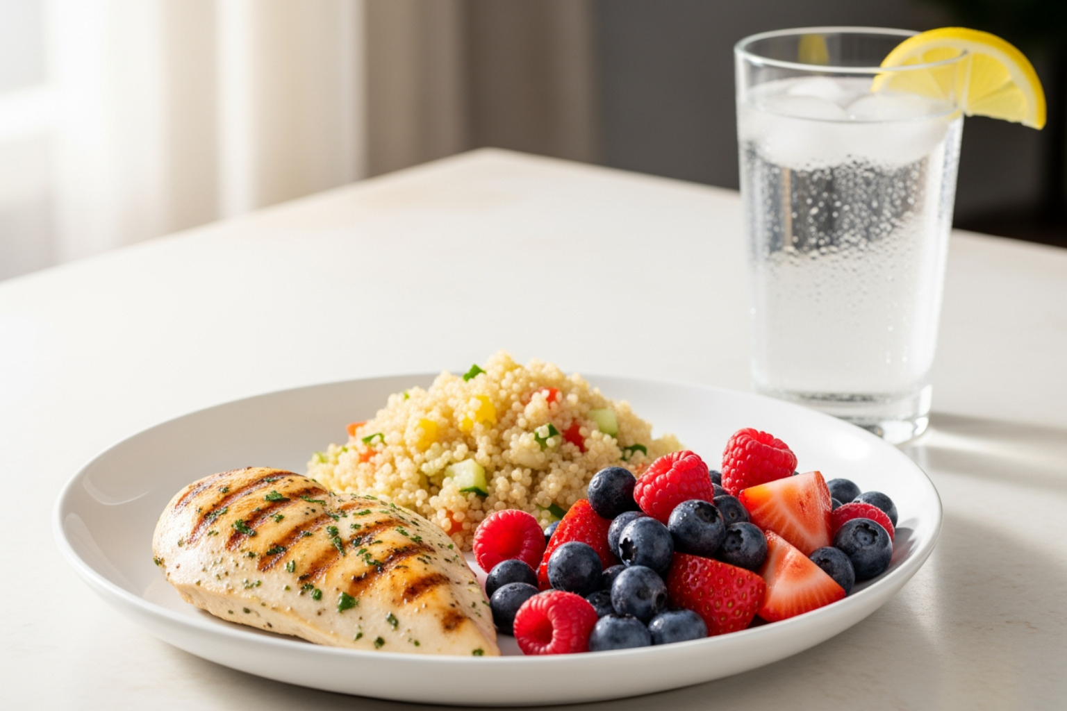 healthy post-workout meal with a glass of water, including chicken breast, quinoa, and berries - quick muscle recovery
