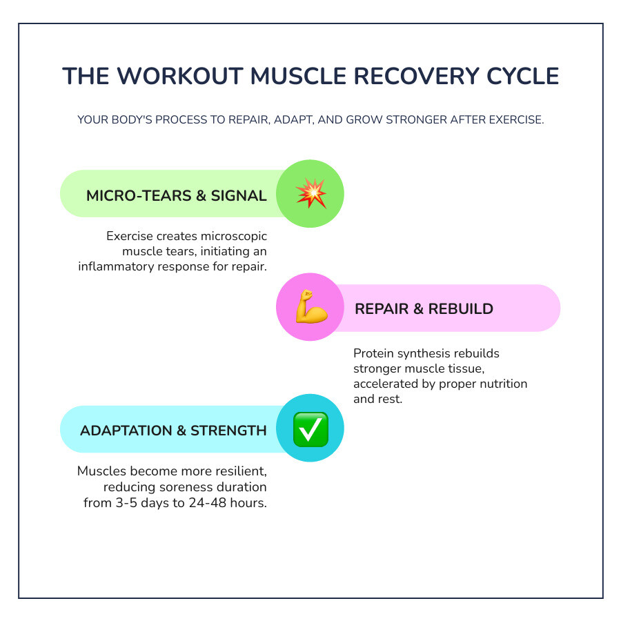 infographic showing the muscle recovery cycle: exercise creates microscopic tears in muscle fibers, inflammation signals the body to repair, protein synthesis rebuilds stronger muscle tissue, adequate rest and nutrition accelerate healing, and proper recovery reduces soreness duration from 3-5 days to 24-48 hours - workout muscle recovery infographic infographic-line-3-steps-colors