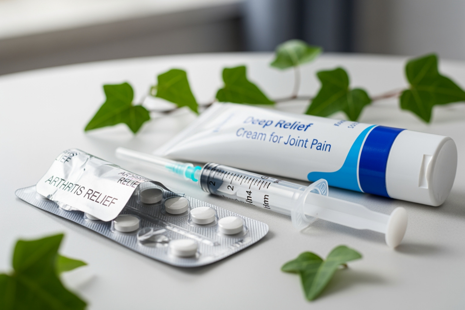 different treatment applications like pills, an injection, and a topical cream - knee arthritis treatment