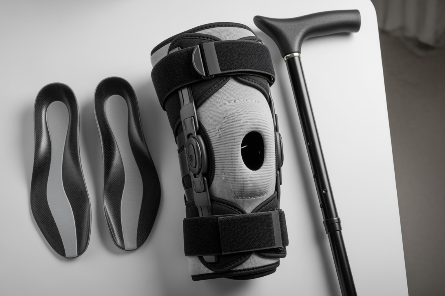 various supportive devices like a knee brace and shoe orthotics - knee arthritis treatment