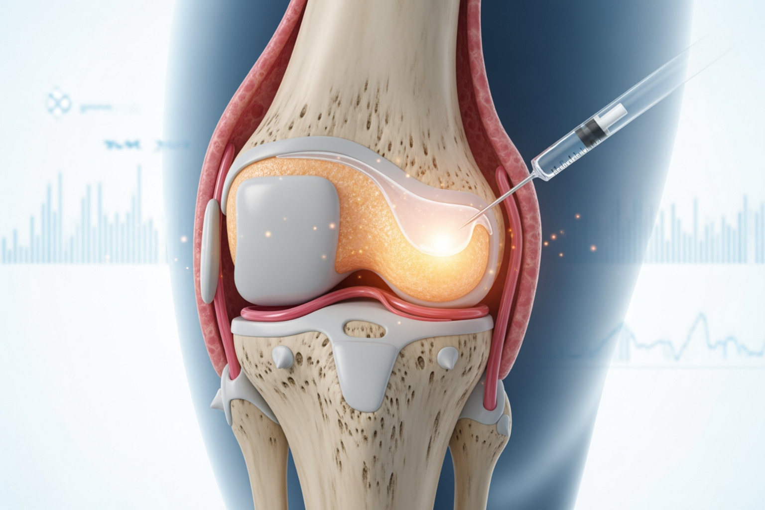 anatomical illustration comparing a healthy knee joint to one with arthritis - knee arthritis treatment