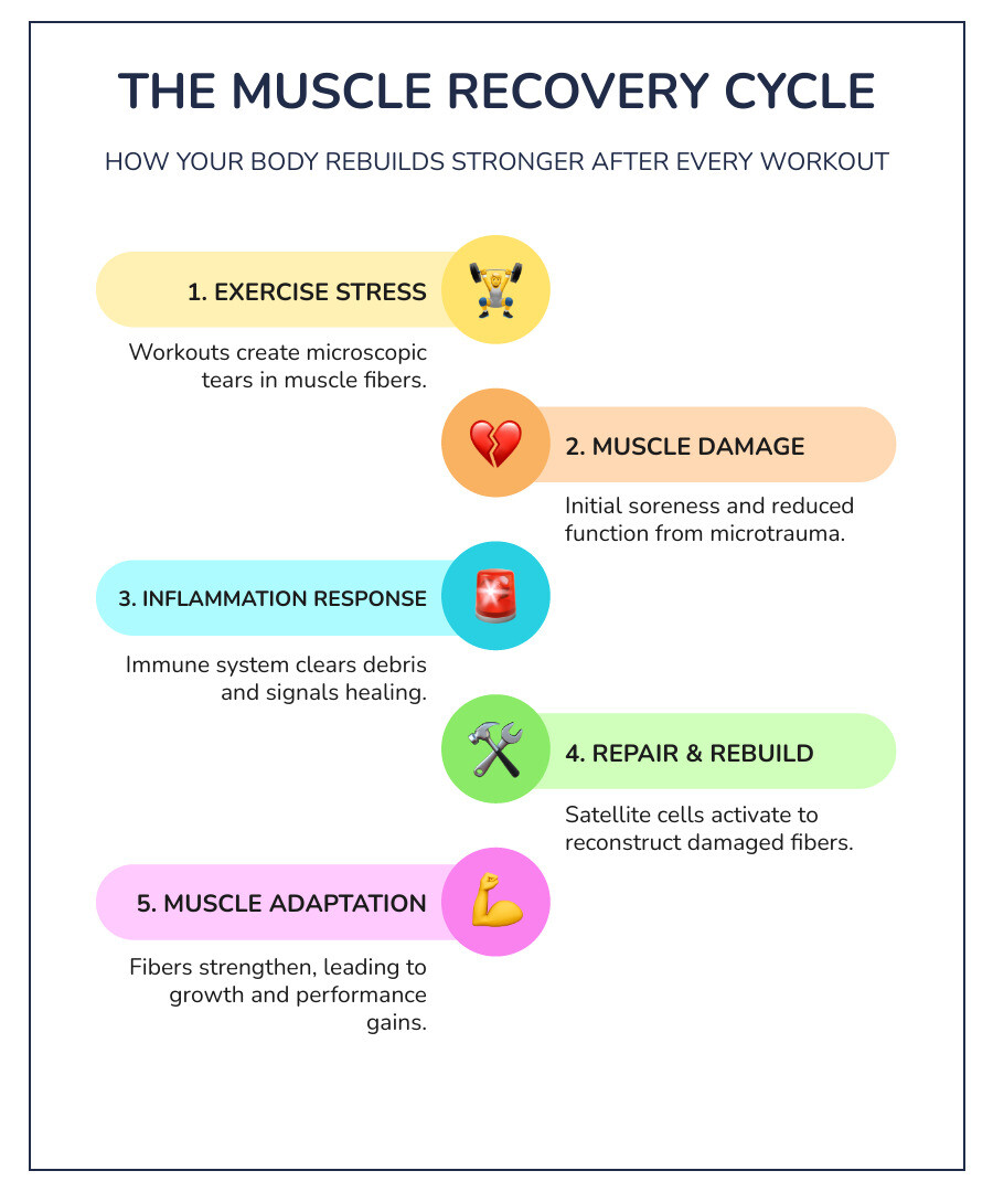 Infographic explaining the muscle recovery cycle: damage, inflammation, repair, and growth - faster workout recovery infographic infographic-line-5-steps-colors