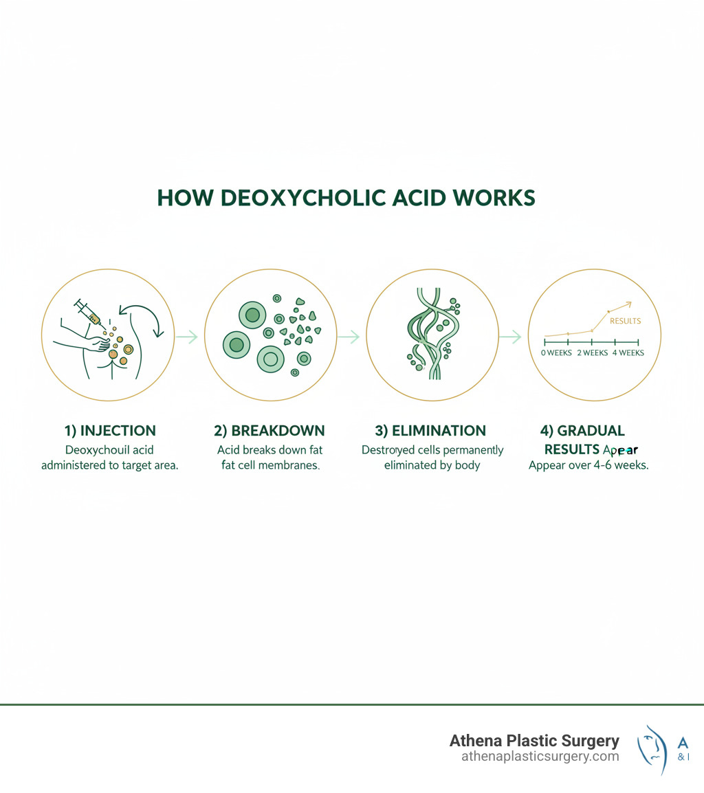 Infographic showing how Kybella's deoxycholic acid works: 1) Injectable deoxycholic acid is administered to target area 2) Acid breaks down fat cell membranes 3) Destroyed fat cells are permanently eliminated by body's natural processes 4) Results appear gradually over 4-6 weeks - kybella banana roll cost infographic Infographic showing how Kybella's deoxycholic acid works: 1) Injectable deoxycholic acid is administered to target area 2) Acid breaks down fat cell membranes 3) Destroyed fat cells are permanently eliminated by body's natural processes 4) Results appear gradually over 4-6 weeks - kybella banana roll cost infographic