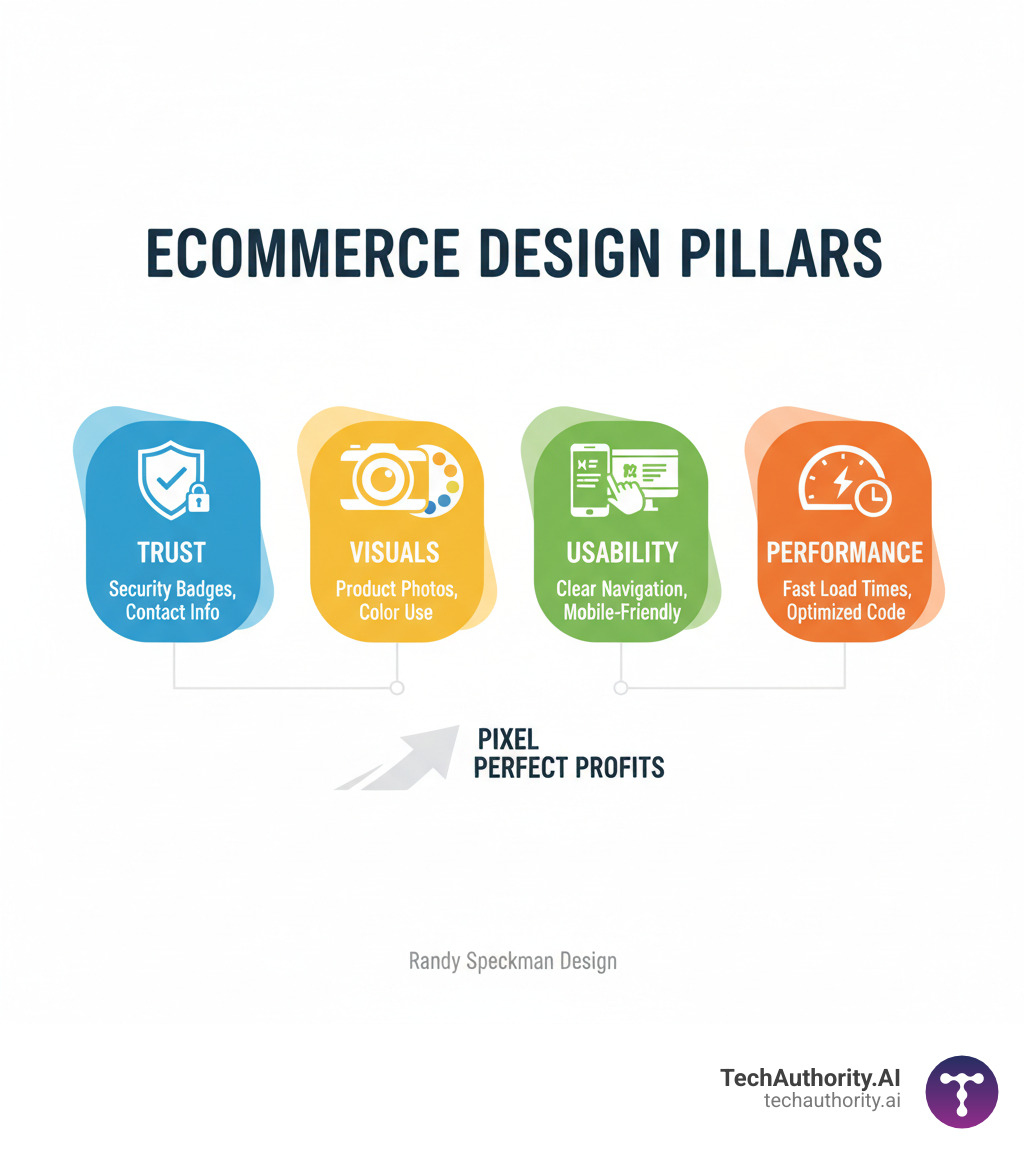 Infographic showing four core pillars of successful ecommerce design: Trust (represented by security badges and contact information), Visuals (high-quality product photos and strategic color use), Usability (clear navigation and mobile-friendly layouts), and Performance (fast load times and optimized code) - ecommerce website design infographic 