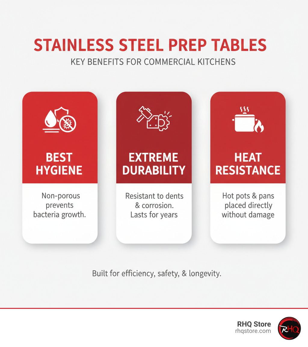 Infographic showing three key benefits of stainless steel prep tables in commercial kitchens: Best Hygiene with non-porous surface that prevents bacteria growth, Extreme Durability with resistance to dents and corrosion lasting years, and Heat Resistance allowing hot pots and pans to be placed directly on surface without damage - stainless steel prep tables infographic Infographic showing three key benefits of stainless steel prep tables in commercial kitchens: Best Hygiene with non-porous surface that prevents bacteria growth, Extreme Durability with resistance to dents and corrosion lasting years, and Heat Resistance allowing hot pots and pans to be placed directly on surface without damage - stainless steel prep tables infographic