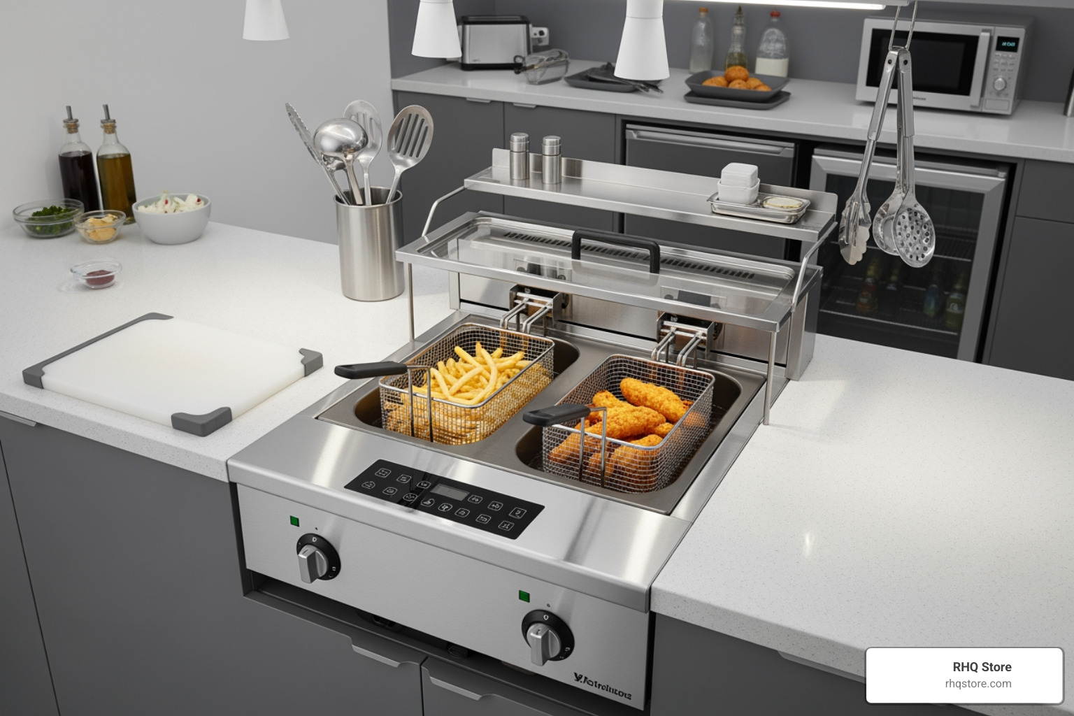 Compact ventless deep fryer installed in a small commercial kitchen without a hood