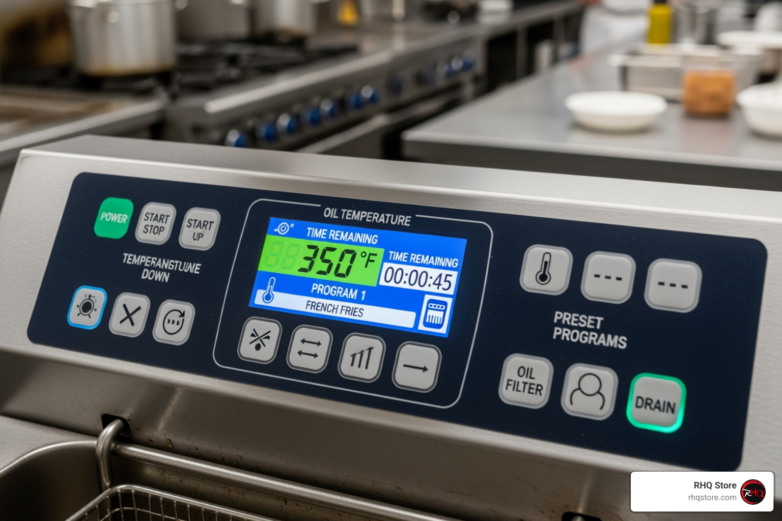 Digital control panel on a commercial deep fryer set to frying temperature
