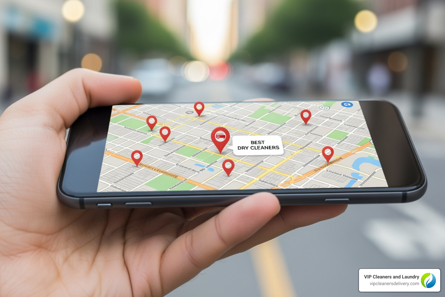 smartphone showing map with dry cleaners near me - Same day dry clean